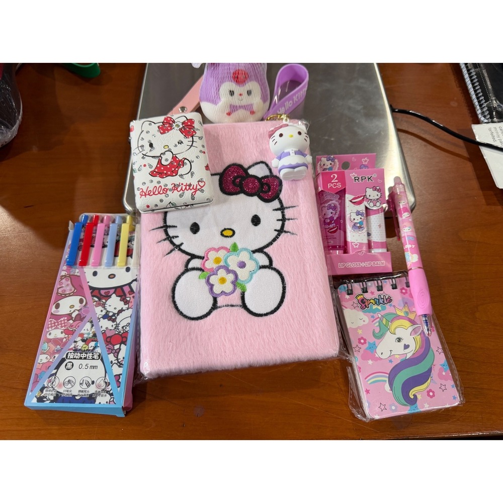 Sanrio Hello Kitty Stationery Set Plush Notebook Pens Wallet Lip Gloss Keychain